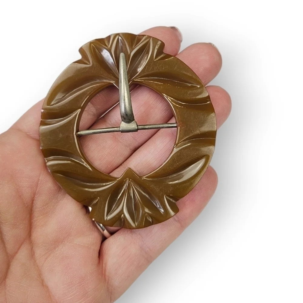Vintage Bakelite Belt Buckle Dark Olive Green Art Deco Deep Carved 2.75